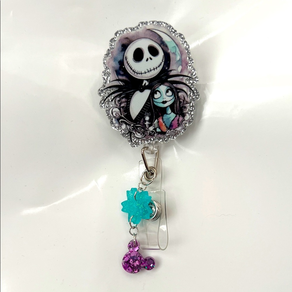 New Jack & Sally Halloween Themed Badge Reel with Glitter & charms